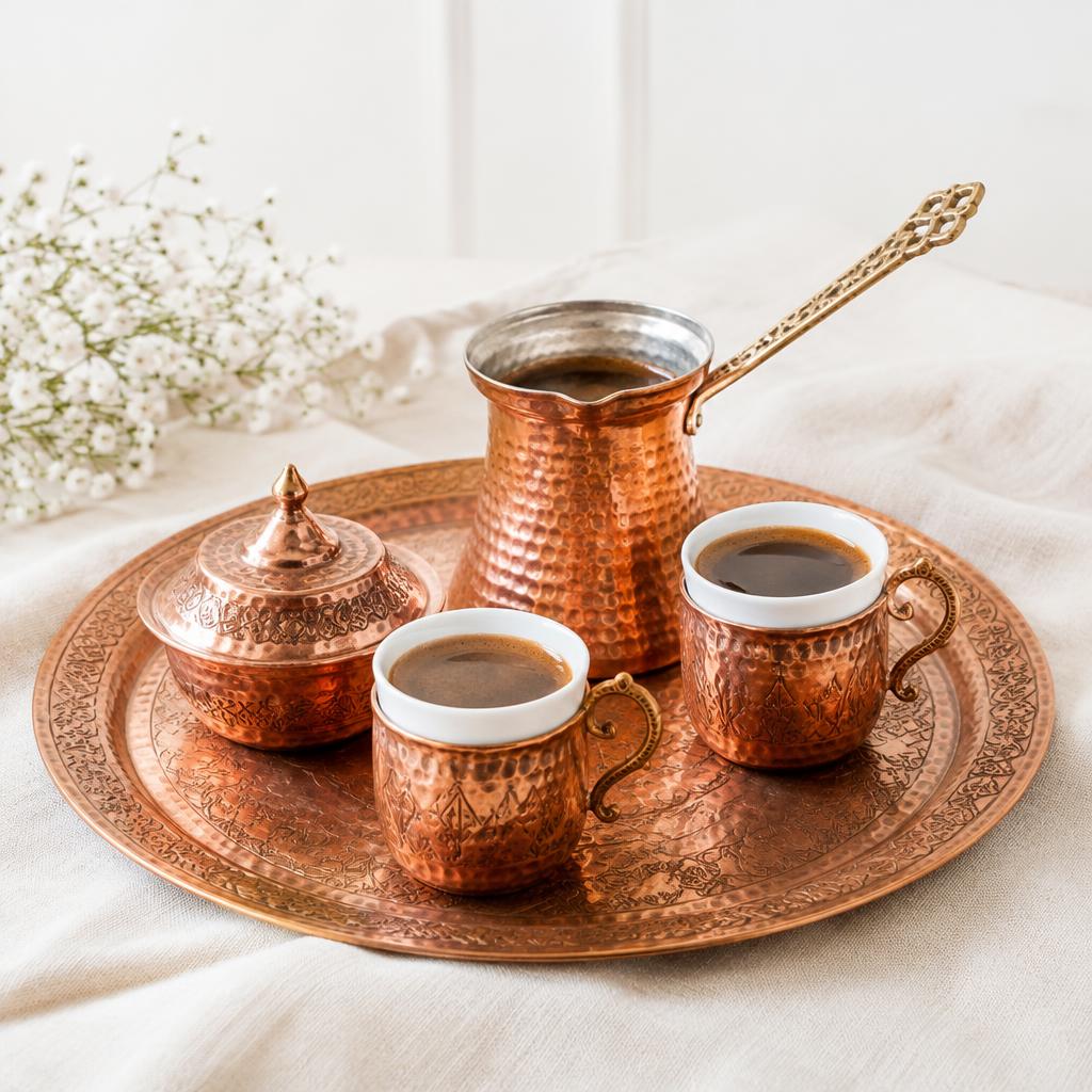 İşlemeli Bakır Kahve Takımı